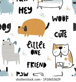 Vector hand-drawn color seamless repeating childish simple pattern with cute dogs and lettering on a white background. Trendy scandinavian vector background. Dogs print. Cute animals. Pets.