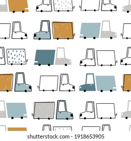 Vector hand-drawn color seamless repeating children simple pattern with cute cars in Scandinavian style on a white background. Children's pattern with cars. Transport. Road