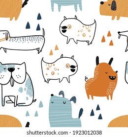 Color vectorial dibujado a mano sin fisuras repetiendo patrón infantil simple con perros lindos al estilo escandinavo sobre un fondo blanco. fondo de vectores escandinavos de moda. Los perros se imprimen. Animales bonitos. Mascotas.
