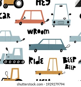 Vector hand-drawn color seamless repeating children simple pattern with cute cars in Scandinavian style on a white background. Children's pattern with cars. Transport. Road