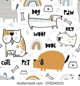 Vector hand-drawn color seamless repeating childish simple pattern with cute dogs, doodles and rainbows on a white background. Trendy scandinavian vector background. Dogs print. Cute animals. Pets.