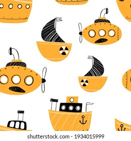 Vector hand-drawn color seamless repeating childish simple pattern with cute ships in Scandinavian style on a white background. Children's pattern with ships. Sea print. Submarine.