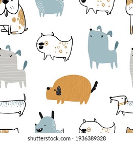 Vector hand-drawn color seamless repeating childish simple pattern with cute dogs in Scandinavian style on a white background. Trendy scandinavian vector background. Dogs print. Cute animals. Pets.