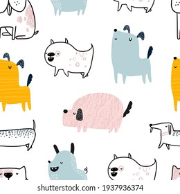 Vector hand-drawn color seamless repeating childish simple pattern with cute dogs in Scandinavian style on a white background. Trendy scandinavian vector background. Dogs print. Cute animals. Pets.