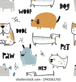 Vektor handgezeichnet Farbe nahtlos wiederholend kindliche einfache Muster mit süßen Hunden und Schrift auf weißem Hintergrund. Trendy skandinavischer Vektorhintergrund. Hunde drucken. Geruchte Tiere. Haustiere.