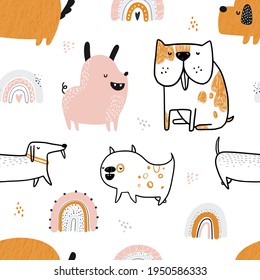 Color vectorial dibujado a mano sin fisuras repiten un patrón infantil simple con perros lindos y arcos en un fondo blanco. fondo de vectores escandinavos de moda. Los perros se imprimen. Animales bonitos. Mascotas.