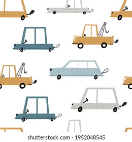 Vector hand-drawn color seamless repeating children simple pattern with cute cars in Scandinavian style on a white background. Children's pattern with cars. Transport. Road