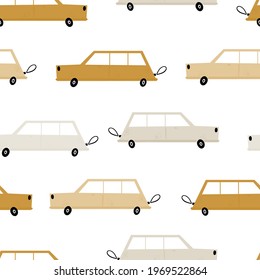 Vector hand-drawn color seamless repeating children simple pattern with cute cars in Scandinavian style on a white background. Children's pattern with cars. Transport. Road