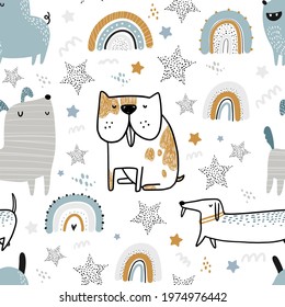 Vector hand-drawn color seamless repeating childish simple pattern with cute dogs, stars and rainbows on a white background. Trendy scandinavian vector background. Dogs print. Cute animals. Pets.