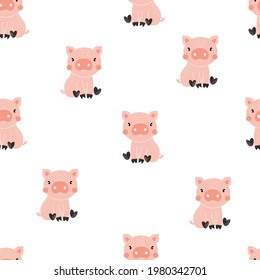 Vektor handgezeichnet Farbe nahtlos wiederholend kindisch einfaches Muster mit süßen Schweinen im skandinavischen Stil auf weißem Hintergrund. Trendy skandinavischer Vektorhintergrund. Schweine drucken. Geruchte Tiere. Bauernhof.