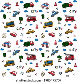 Vector hand-drawn color seamless repeating children simple pattern with cars, buses in Scandinavian style on a white background. Children's pattern with cars. Cars. Transport. Road. Doodle.