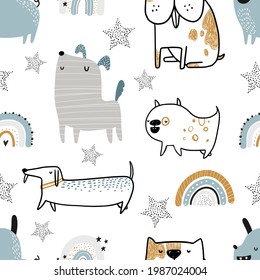 Vector hand-drawn color seamless repeating childish simple pattern with cute dogs, stars and rainbows on a white background. Trendy scandinavian vector background. Dogs print. Cute animals. Pets.
