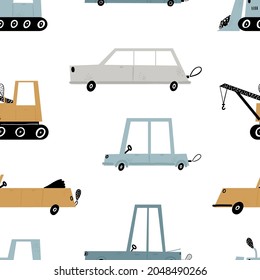 Vector hand-drawn color seamless repeating children simple pattern with cute cars in Scandinavian style on a white background. Children's pattern with cars. Transport. Road