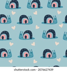 Vector hand-drawn color seamless repeating childish simple pattern with cute snails in Scandinavian style on a white background. Children's pattern with snails. Snail print. Cute baby animals.