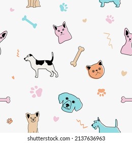 Color vectorial dibujado a mano sin fisuras repetiendo patrón infantil simple con perros lindos al estilo escandinavo sobre un fondo blanco. Patrón para niños con perros. Los perros se imprimen. Animales pequeños. Diseño de tela.