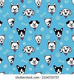 Vector hand-drawn color seamless repeating childish simple pattern with cute dogs