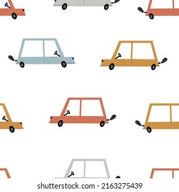 Vector hand-drawn color seamless repeating children simple pattern with cute cars in Scandinavian style on a white background. Children's pattern with cars. Transport. Road