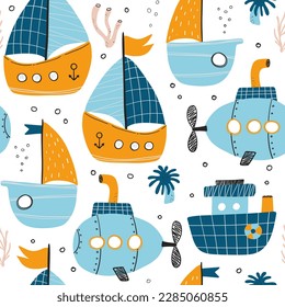 Vector hand-drawn color seamless repeating childish simple pattern with cute ships in Scandinavian style on a white background. Childrens pattern with ships. Sea print. Submarine.