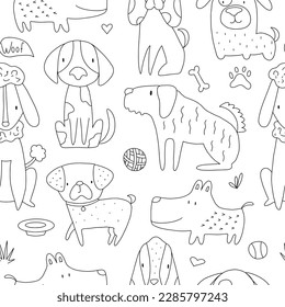 Vector hand-drawn color seamless repeating childish simple pattern with cute dogs in doodle style . Children's pattern with dogs. Dogs print. Cute baby animals.