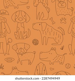 Vector hand-drawn color seamless repeating childish simple pattern with cute dogs in doodle style . Children's pattern with dogs. Dogs print. Cute baby animals.