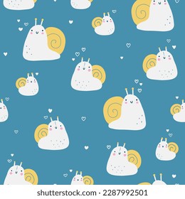 Vector hand-drawn color seamless repeating childish simple pattern with cute snails, in Scandinavian style on a blue background. Childrens pattern with snails. Cute baby animals.