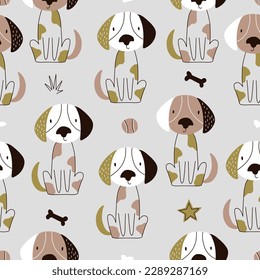 Vector hand-drawn color seamless repeating childish simple pattern with cute dogs in Scandinavian style . Children's pattern with dogs. Dogs print. Cute baby animals.