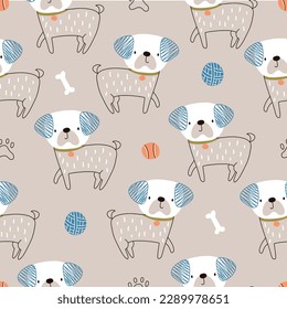 Vector hand-drawn color seamless repeating childish simple pattern with cute dogs in Scandinavian style . Children's pattern with dogs. Dogs print. Cute baby animals.