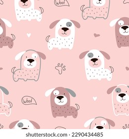 Vector hand-drawn color seamless repeating childish simple pattern with cute dogs in Scandinavian style . Children's pattern with dogs. Dogs print. Cute baby animals.