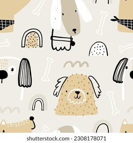 Vector hand-drawn color seamless repeating childish simple pattern with cute dogs, bones and rainbow in Scandinavian style on a beige background. Children's texture with dogs. Dogs print. Pets.