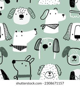 Vector hand  drawn color seamless repeating childish simple pattern and cute dogs  bones in Scandinavian style mint background  Children's texture and dogs  Dogs print  Pets 