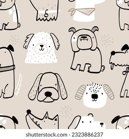 Vector hand-drawn color seamless repeating childish simple pattern with cute dogs, bones in Scandinavian style on a beige background. Children's texture with dogs. Dogs print. Pets.