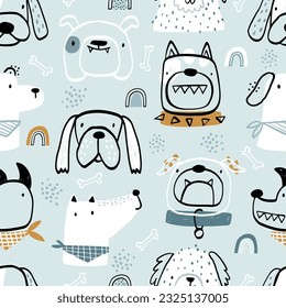 Color vectorial a mano sin fisuras repetir patrón infantil simple con perros lindos, arcos, huesos al estilo escandinavo en un fondo de menta. La textura de los niños con los perros. Los perros se imprimen. Mascotas.