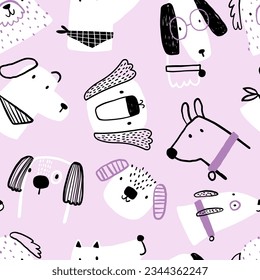 Color vectorial dibujado a mano sin fisuras repiten un patrón infantil simple con perros lindos, huesos al estilo escandinavo en un fondo morado y rosa. La textura de los niños con los perros. Los perros se imprimen. Mascotas.
