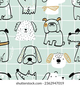 Vector hand-drawn color seamless repeating childish simple pattern with cute dogs, bones in Scandinavian style on a blue background. Children's texture with dogs. Dogs print. Pets.