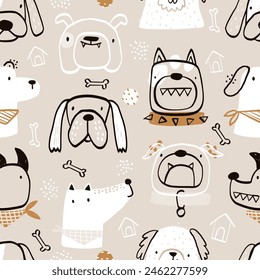 Vector hand-drawn color seamless repeating childish simple pattern with cute dogs, bones in Scandinavian style on a beige background. Children's texture with dogs. Dogs print. Pets.