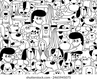 Vector hand-drawn color seamless repeating childish simple pattern with cute dogs, bones in Scandinavian style on a mint background. Children's texture with dogs. Dogs print. Pets