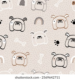 Vector hand-drawn color seamless repeating childish simple pattern with cute dogs, bones in Scandinavian style on a beige background. Children's texture with dogs. Dogs print. Pets.