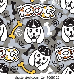Vector hand-drawn color seamless repeating childish simple pattern with cute dogs. Children's texture with dogs. Dogs print. Pets.