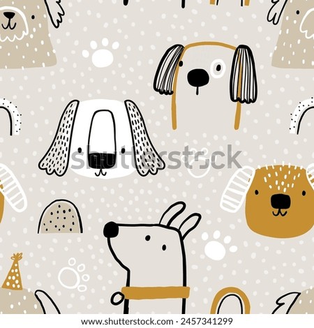 Vector hand-drawn color seamless repeating childish simple pattern with cute dogs, paws and rainbow in Scandinavian style on a beige background. Children's texture with dogs. Dogs print. Pets.