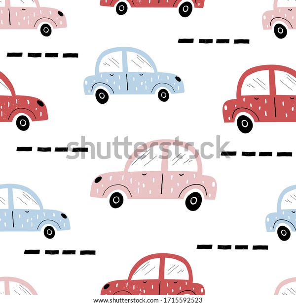 Vector\
hand-drawn color seamless repeating children simple pattern with\
cars in Scandinavian style road on a white background. Children\'s\
pattern with cars. Cars. Transport.\
Road