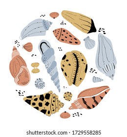 Vector hand-drawn color simple flat set with different shells on a white background. Hand draw underwater illustration with sea shells. Summer paradise holiday marine background. Seashells sketch.

