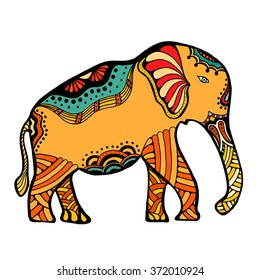 Vector hand-drawn color tattoo doodle with decorated Indian Elephant