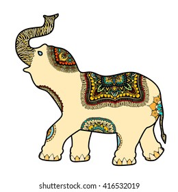 Vector hand-drawn color tattoo doodle with decorated Indian Elephant