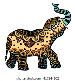 vector hand-drawn color tattoo doodle with decorated Indian Elephant