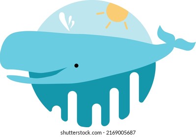 Vector hand-drawn colored blue childish seamless repeating simple flat with whales blue in scandinavian style on a white background. Cute baby animals. Pattern for kids with whales. Sea. Ocean