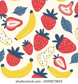 
Vector hand-drawn colored childish flat pattern with strawberry and bananas