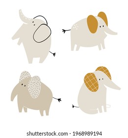 Vector hand-drawn colored childish illustration set with funny cute elephants in Scandinavian style on a white background. Cute baby animals. African animals. Safari.
