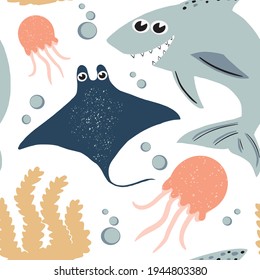 Vector hand-drawn colored childish pattern in scandinavian style on a white background. Cute  animals. Shark, stingray, jellyfish and bubbles.