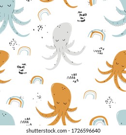 Vector hand-drawn colored childish seamless repeating simple flat pattern with octopuses in scandinavian style on a white background. Cute baby animals. Pattern for kids with octopuses. Sea. Ocean. 