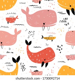 Vector hand-drawn colored childish seamless repeating simple flat pattern with whales and fishes in scandinavian style on a white background. Cute baby animals. Pattern for kids with whales. 
